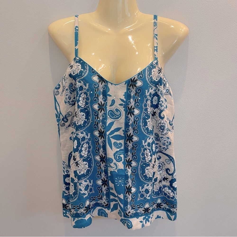 Johnny Was Tank Top Womens S Linen Cotton Silk Floral Blue adjustable strap NWT
